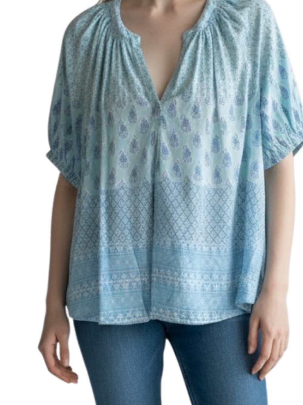 crown & ivy Light Blue Printed Peasant Tunic - Short Sleeve Women's Top